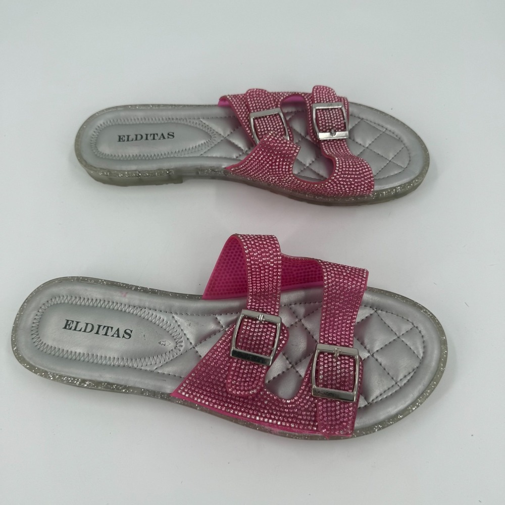 Elditas Slide Sandals Womens US 9W Silver Pink Rhinestone Comfort Buckle Detail